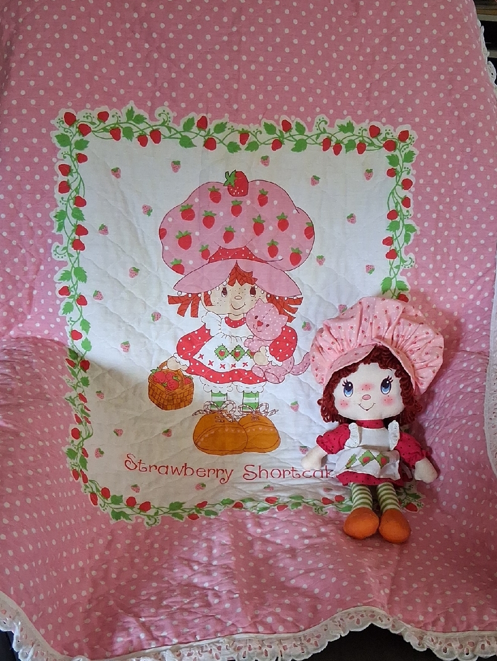 Vintage Strawberry Shortcake Pink Polka Dot Throw with Doll